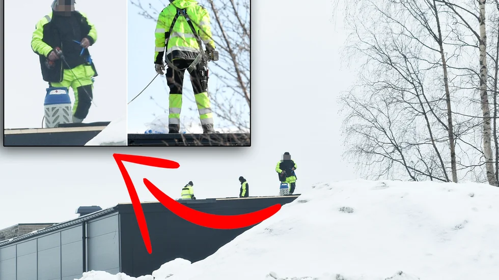 Bilden är tagen av Norran den 15 mars på byggarbetsplatsen för Dollarstore i Skellefteå. Arbetarna vistas på taket utan fallskydd. På den uppförstorade bilden till vänster syns det att sele saknas vid grenen. På den högra ser man, dagen efter, hur det ser ut när fallsele faktiskt används.  