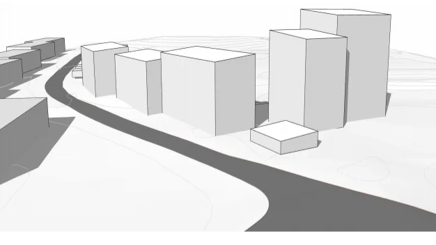 Så föreslås husen placeras längs med Krongatan. De mörkare byggnaderna till vänster är befintliga hus, tre våningar höga. 