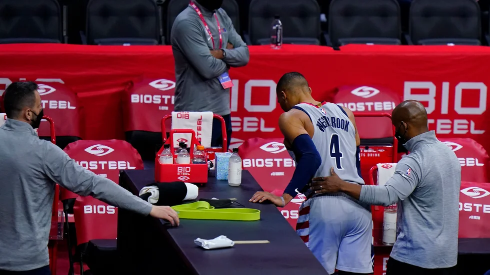 Washingtons Russell Westbrook strax innan popcornincidenten ägde rum.