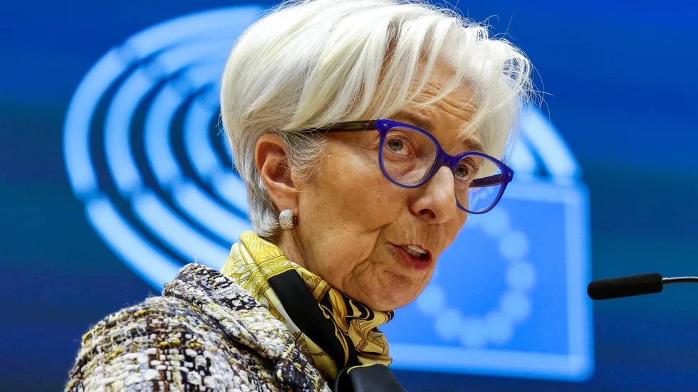 Europeiska centralbanken, med chefen Christine Lagarde, diskuterade möjligheten att minska stimulansåtgärderna på räntemötet i juni. Arkivbild