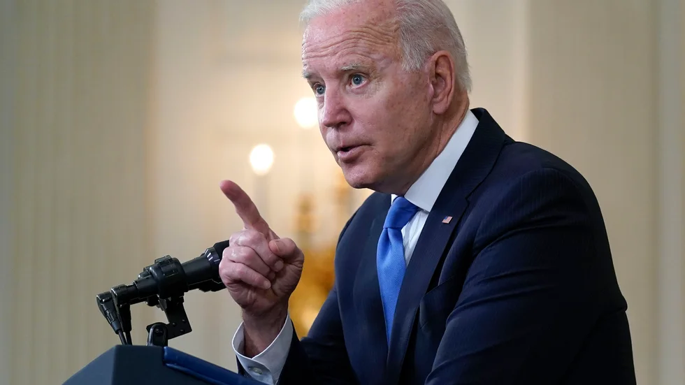 USA:s president Joe Biden vid en frågestund i Vita huset på onsdagen.