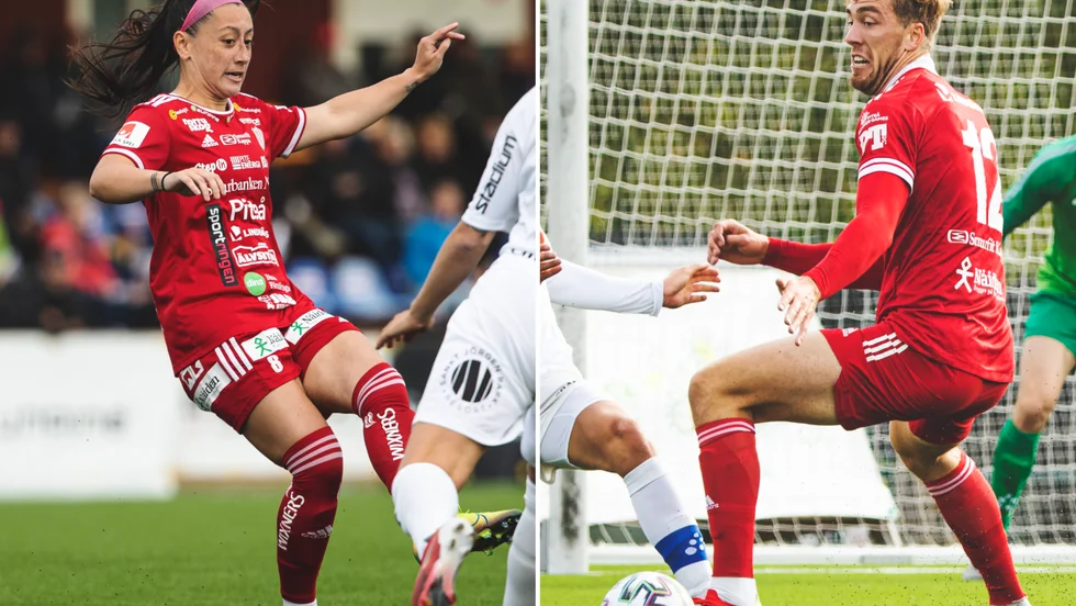 Piteå IF dam och herr spelar hemma på LF Arena i helgen. Katarina Guillou och Marcus Fahlgren Hällström ses i bildkollaget.