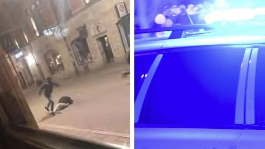Två män filmades av vittnen när de misshandlade en okänd man på Storgatan. (Bilden till vänster är hämtad ur förundersökningen.) 