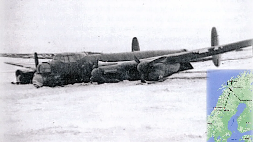 En Lancasterbombare nödlandade i Vännäsberget utanför Överkalix, skadskjuten efter sänkningen av det tyska slagskeppet Tirpitz. Kartan visar hur de brittiska skvadronerna använde svenskt luftrum för att undgå tyskarnas jaktflyg. Ett avsteg från neutraliteten.