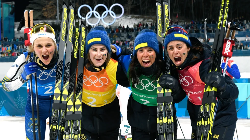 Sveriges Stina Nilsson, Ebba Andersson, Charlotte Kalla och Anna Haag tog silver i senaste OS-stafetten. Arkivbild.