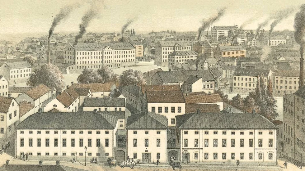 Swartz’s Snusfabrik, Norrköping. Litografi ur boken ”Sveriges industriella etablissementer”, Stockholm 1870–1872.