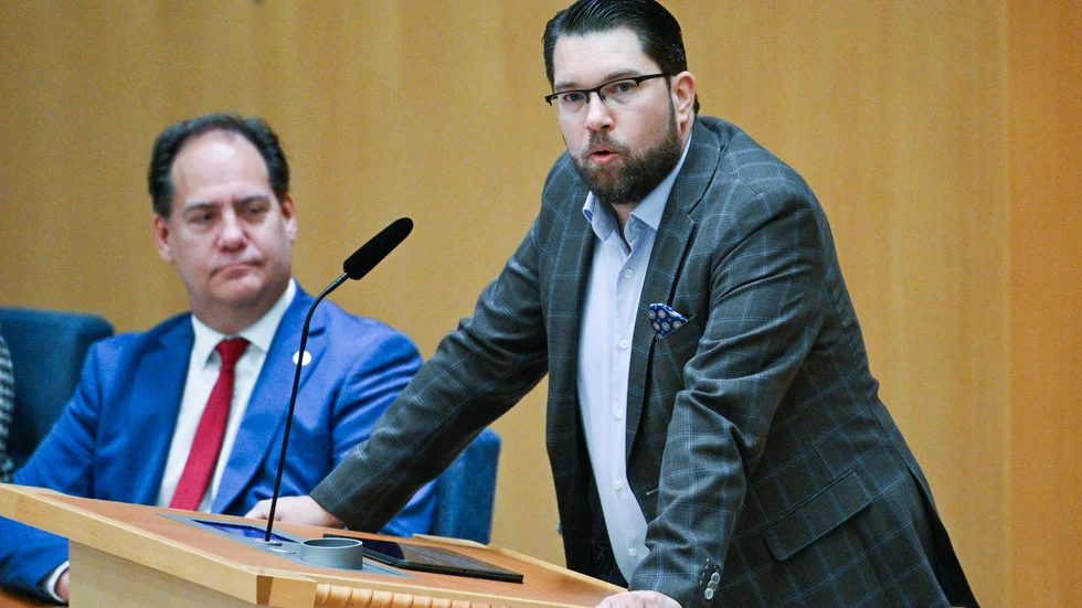 Sverigedemokraternas partiledare Jimmie Åkesson (SD) vid höstens första partiledardebatt i riksdagen under onsdagen.