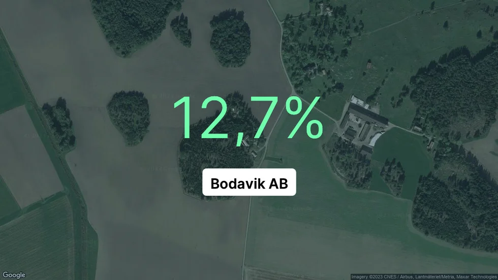 Illustrationen visar rörelsemarginalen för Bodavik för det senaste året. Bakgrunden är en satellitbild över företagets adress.