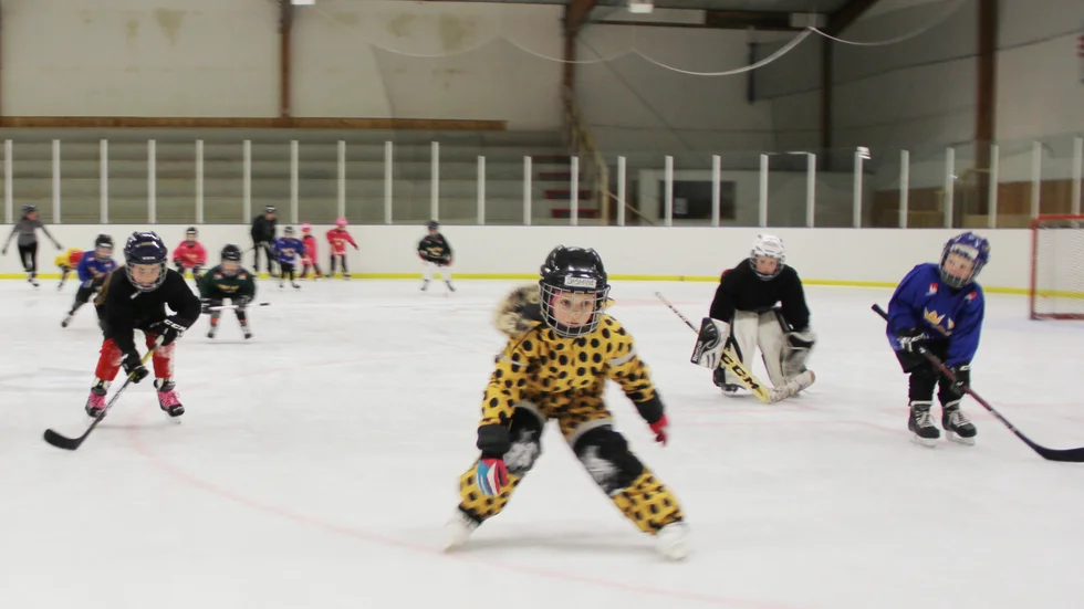 Ett trettiotal tjejer deltar i ishockeyskolan i Skärplinge.