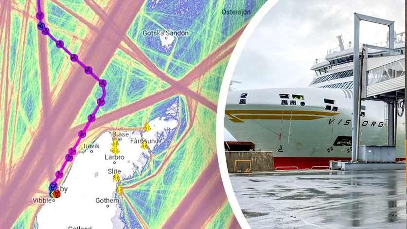 Enligt fartygspositioneringssajten Marinetraffic.com gjorde M/S Visborg sin kraftiga gir rakt norr om Hallshuk på norra Gotland strax före klockan 14. Den lila prickade linjen visar Visborgs rutt, och de gröna och rosa fälten visar farleder för fartyg.