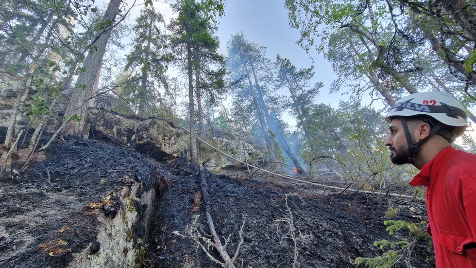 Branden i naturreservatet på Rudjärvberget var inom ett naturreservat, på en otillgänglig plats. "Det var jobbigt att ta sig upp", säger Ali Al Abbood från räddningstjänsten i Överkalix. Här är branden under kontroll.