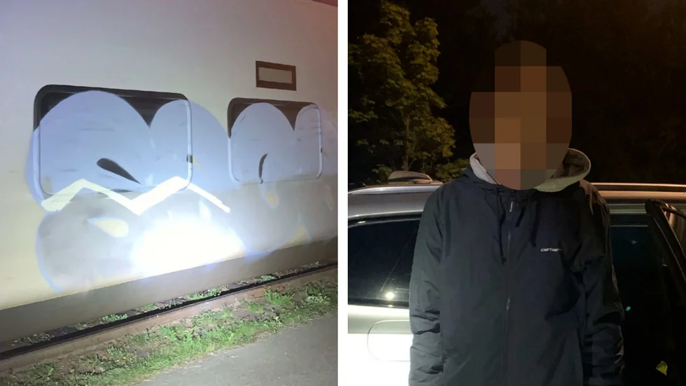 En 35-årig man ertappades med att klottra på ett tåg på resecentrum i Linköping. Nu har han åtalats. (Bilderna är hämtade ur förundersökningen.) 
