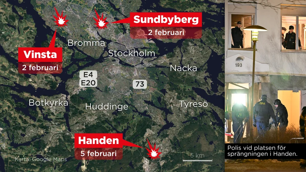 Kartan visar Vinsta, Sundbyberg och Handen där sprängningar skett under de senaste dygnen.