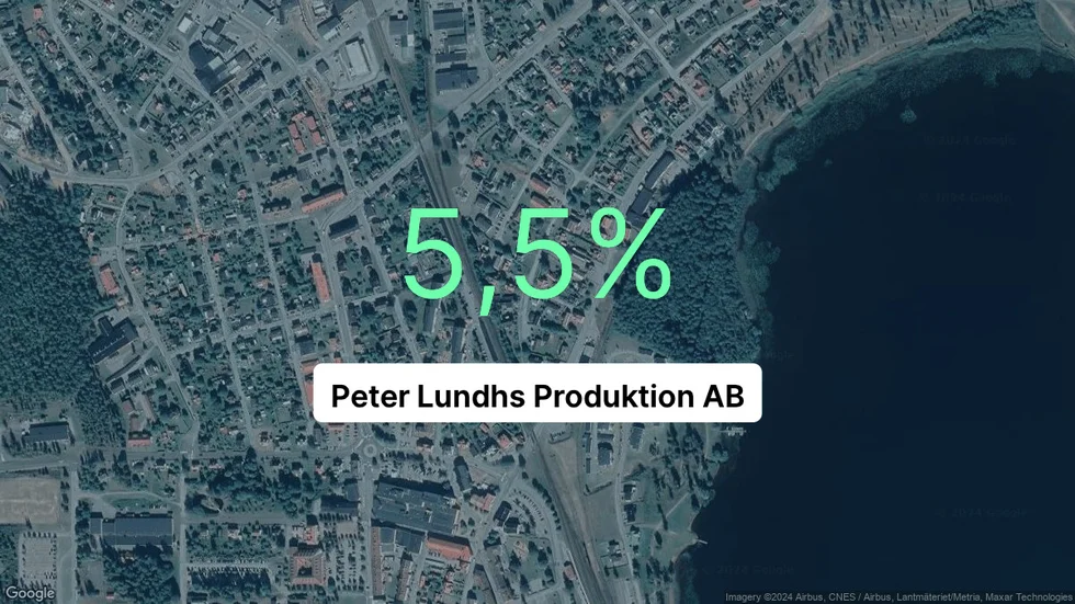 Illustrationen visar rörelsemarginalen för Peter Lundhs Produktion för det senaste året. Bakgrunden är en satellitbild över företagets adress.