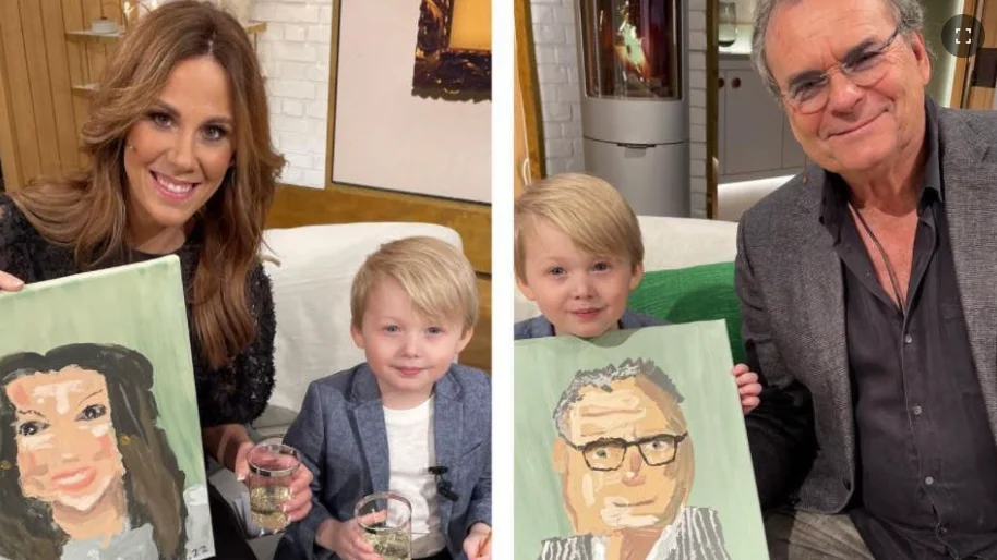 Programledarna Sofia Geite och Steffo Törnquist uppskattade Viggos målningar.