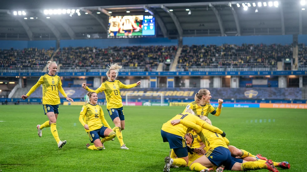 Sverige jublar efter vinsten mot Finland i förra veckans VM-kvalmatch.