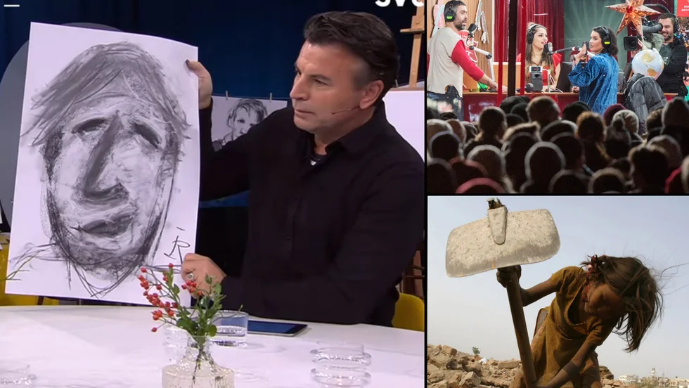 Katrineholmsprofilen och programledaren Jovan Radomir auktionerar ut en kolteckning föreställande Boris Johnson, till förmån för Musikhjälpens insamling mot barnarbete. Den övre bilden är från Musikhjälpens sändningar i Umeå 2017.