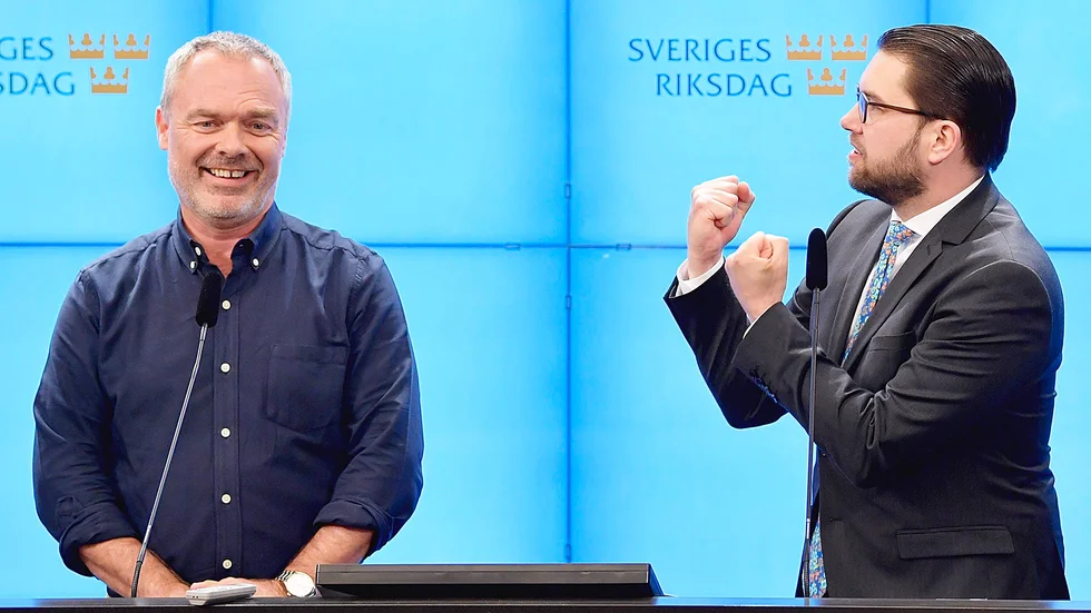 Liberalernas partiledare Jan Björklund (L) och Sverigedemokraternas partiledare Jimmie Åkesson (SD).