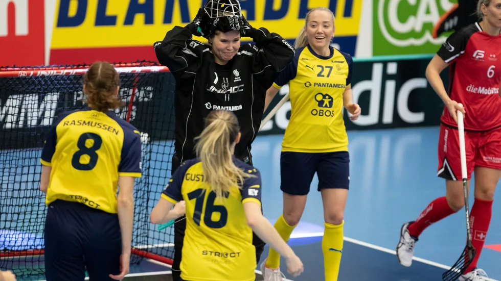 Matilda Östlund Visén efter slutsignalen i VM-semifinalen inför 2 350 åskådare. Anspänningen var stor och tårarna rann på Siriusmålvakten.