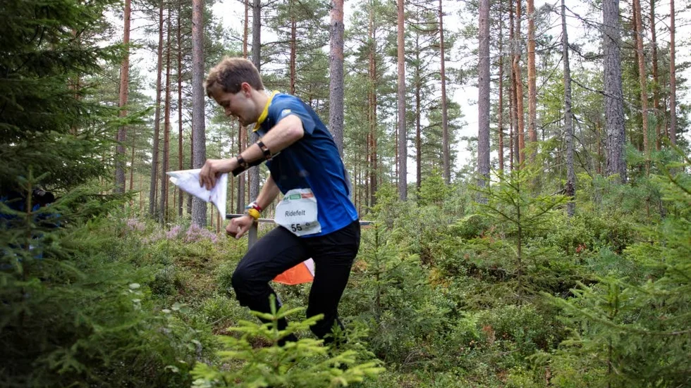 Albin Ridefelt ute i de norska skogarna på sitt VM-lopp över lång distans. Linnélöparen blev bäste svensk och slutade åtta.