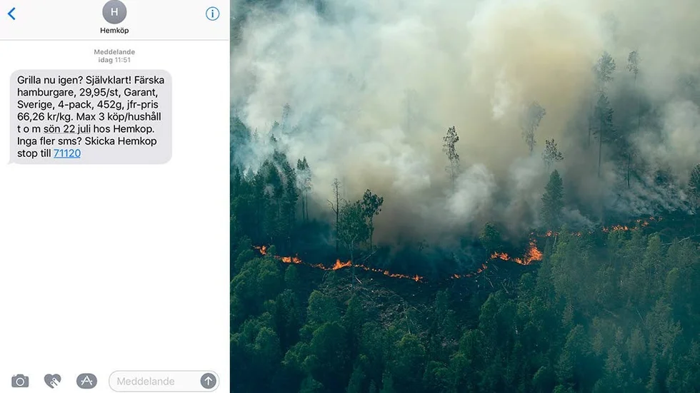 Hemköps sms monterat bredvid en bild från en av de stora skogsbränderna som härjat i Sverige de senaste dagarna.