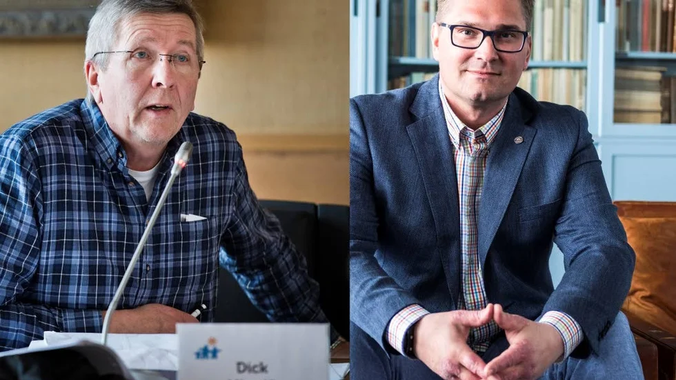 Dick Vånsjö (SJV) och Stefan Sydberg (M) ser fram emot ett samarbete  mellan Centerpartiet, Sjukvårdspartiet och Moderaterna. Bilden är ett montage.
