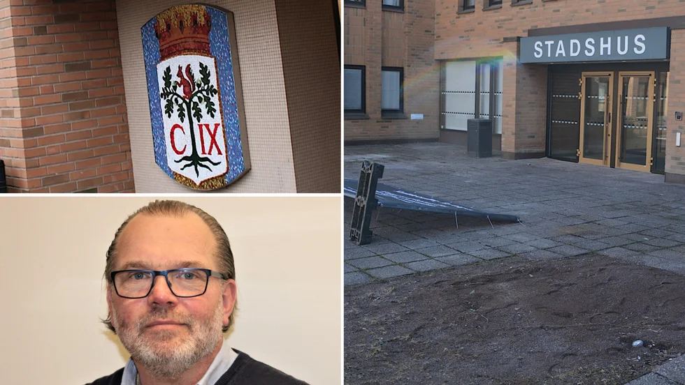 Stadsvapnet i mosaik finns inte längre kvar vid entrén. Konstverket "Lyftet" är också borta. "Den är på tillfällig förvaring", säger fastighetschefen Torbjörn Bergström.