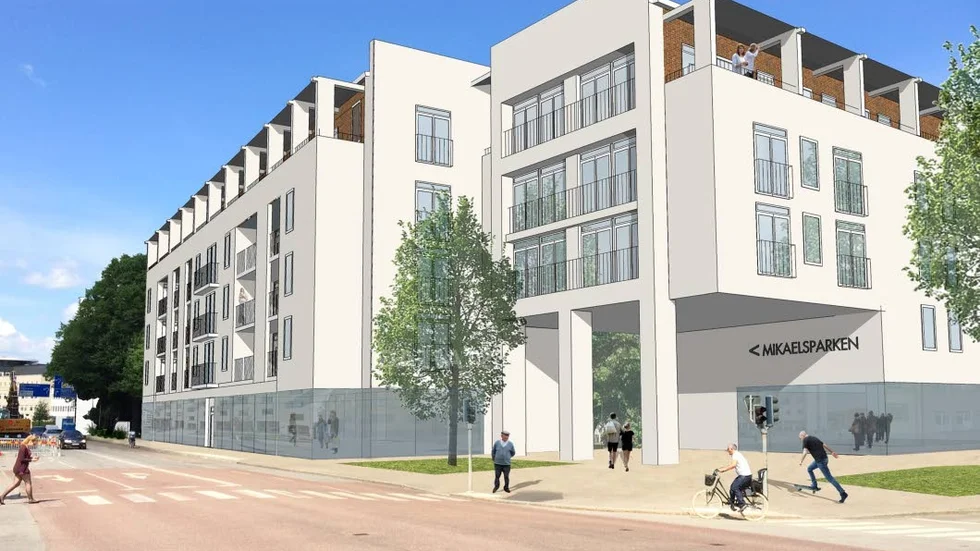 Förslag. De planerade bostadshusen vid Mikaelsplan skulle innebära stora skador på kulturmiljön, enligt länsstyrelsen. Vy från korsningen Kungsgatan-Skolgatan.