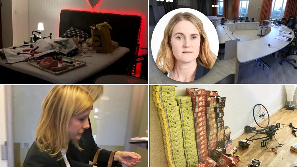 Lägenhet skvallrar om 28-åringens personlighet: sparsamt inrett, glassförpackningar samt mängder med sexleksaker och sexhjälpmedel. Bildmaterialet är en del av stödbevisningen, att det just är Skelleftebon som de unga flickorna haft visuell kontakt med via sociala medier. Åklagare Petra Hedberg och målsägandebiträdet Linda Sundlöf (till höger) är två av aktörerna. På norran.se finns ett tv-klipp från rättegången. 