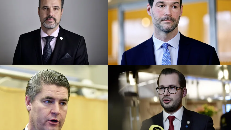 Överst från vänster: Eric Westroth, politiker, riksdagsledamot för Sverigedemokraterna, Johan Forssell, Moderaternas rättspolitiska talesperson, Oscar Sjöstedt, Sverigedemokraternas ekonomisk-politiske talesperson, Mattias Bäckström Johansson, riksdagsledamot för Sverigedemokraterna. Arkivbild.