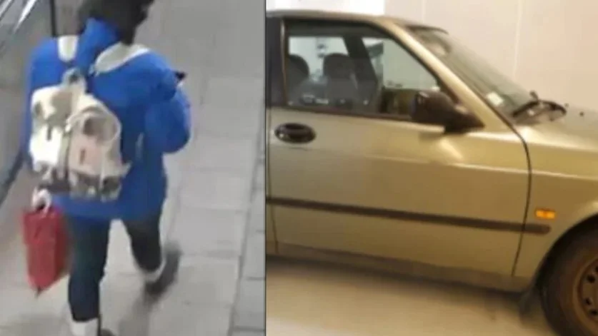 Bilden till vänster är den sista på kvinnan innan hon spårlöst försvinner. Polisen uppmanade tidigt i utredningen allmänheten att inkomma med iakttagelser av en silverfärgad Saab 900 från kvällen den 12 februari till måndag den 14 februari.