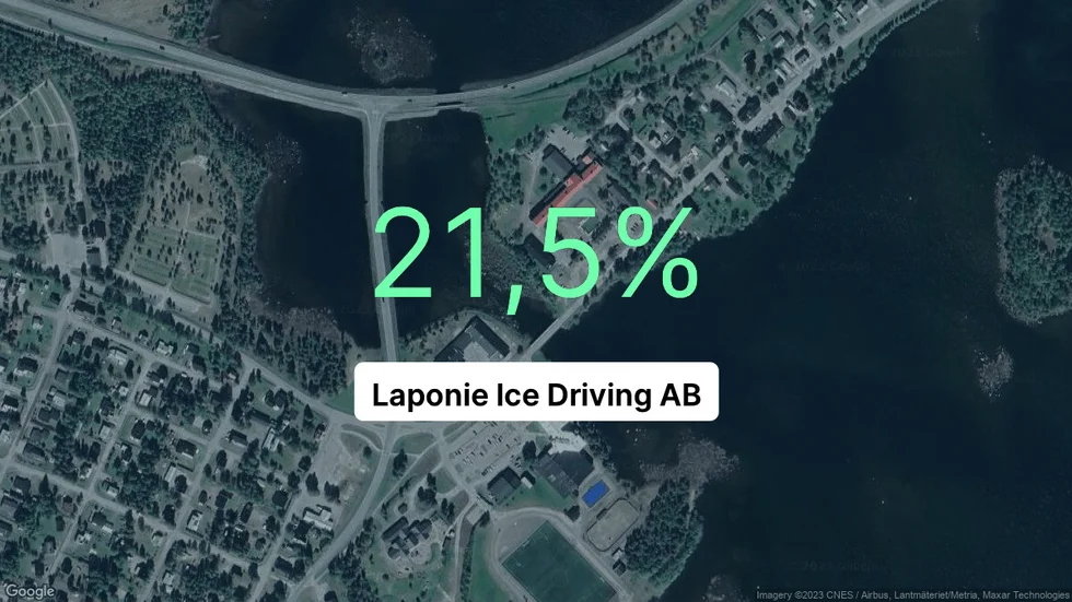 Illustrationen visar rörelsemarginalen för Laponie Ice Driving för det senaste året. Bakgrunden är en satellitbild över företagets adress.
