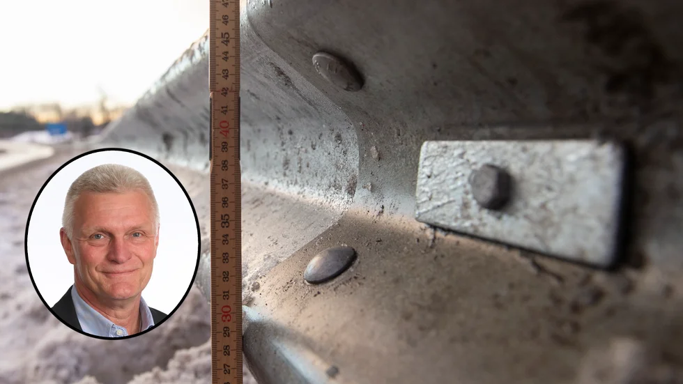 Så här blev resultatet när SN mätte höjden på vägräcket vid olycksplatsen. Någonstans mellan 350 och 390 millimeter högt var räcket. Minimihöjden ska vara på 450 millimeter. Infälld i bilden Göran Fredriksson på SVBRF.