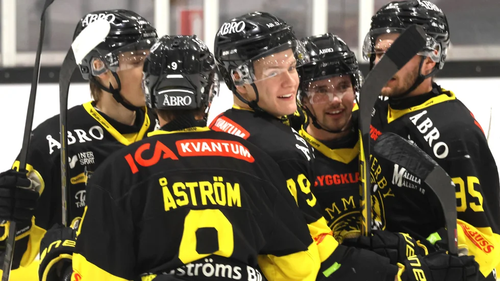 Måljubel. William Alftberg har precis pangat in Vimmerbys 2-0, i nättaket. VH vann sedan med 4-3. 