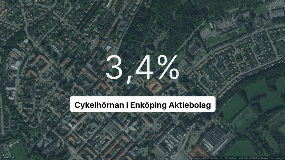 Illustrationen visar rörelsemarginalen för Cykelhörnan i Enköping för det senaste året. Bakgrunden är en satellitbild över företagets adress.