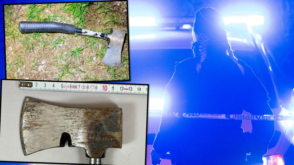 Yxan kastades i riktning mot polisens huvud.