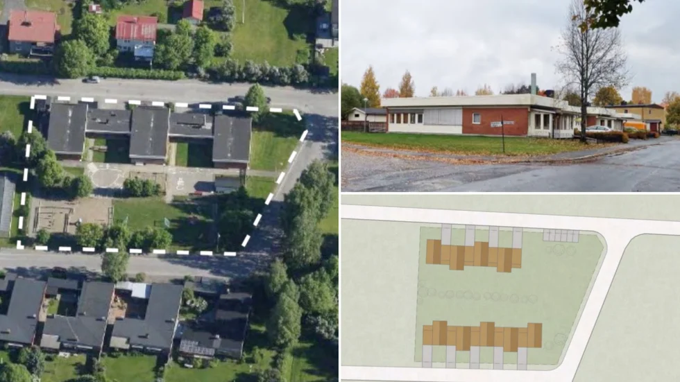 Till vänster en flygbild över tomten med de tre avdelningarna. Nere till höger syns ett förslag hur radhusen kan placeras, men de exakta lägena beslutas vid bygglovet. 