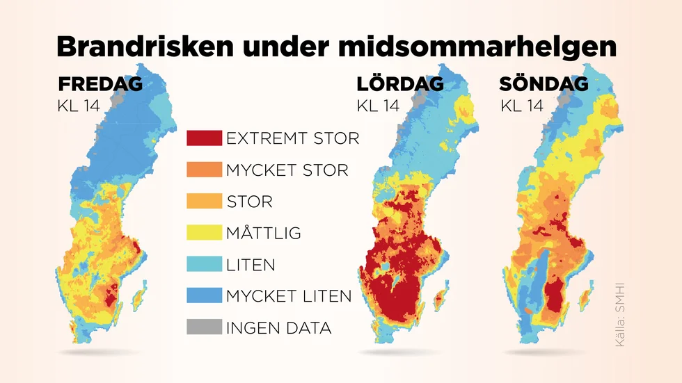 Brandrisken i Sverige under midsommarhelgen. Prognos SMHI klockan 16 på torsdagen.