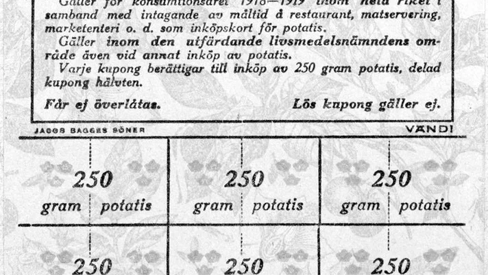 Restaurantkortet för potatis utfärdat av livsmedelsnämnden i Stockholms stad. Gällde inom hela riket.