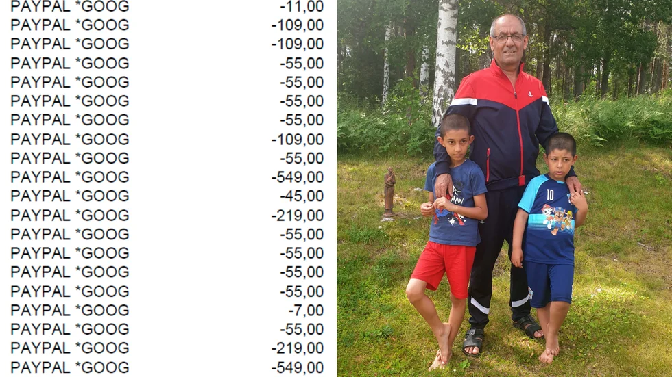 Firat Nemrud med sönerna Darin och Alan, som ovetandes genomförde köp för 20 000 kronor genom pappans Google play-konto.