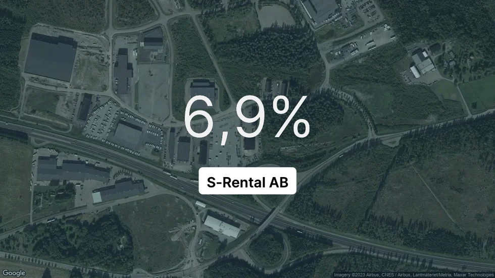 Illustrationen visar rörelsemarginalen för S-Rental för det senaste året. Bakgrunden är en satellitbild över företagets adress.
