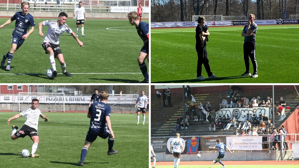 Motala AIF:s Ivan Rako och Valon Silka i spel, hejarklacken under match mot Stocksund, och Martin Axén i samspråk med Adam Bark efter match. Maif har fått motgång i inledningen.