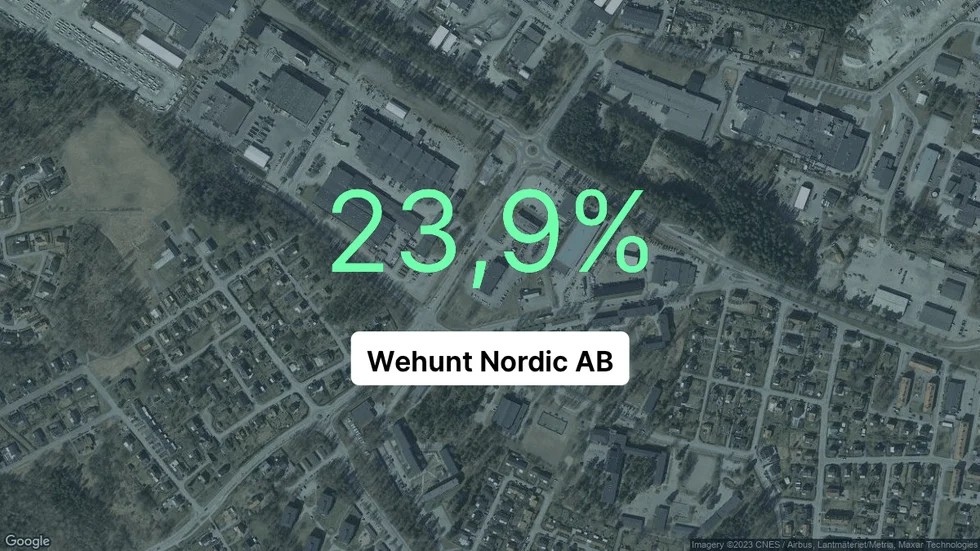 Illustrationen visar rörelsemarginalen för Wehunt Nordic för det senaste året. Bakgrunden är en satellitbild över företagets adress.