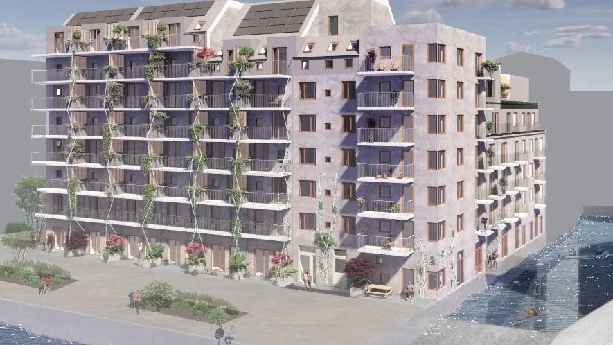 Så här ska lägenhetshotellet Gamla Varvet, där en del av huset vetter mot kanalen, i Inre hamnen se ut. Mannersons Fastighets AB har gett Peab i uppdrag att bygga det.