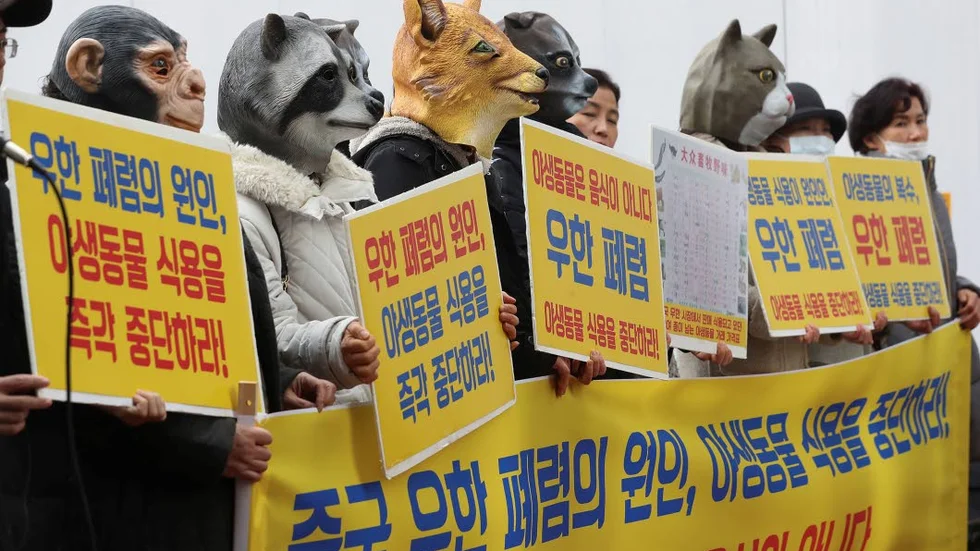 Sydkoreanska aktivister med en skylt som lyder: "Orsaker till Wuhan coronavirus, sluta äta vilda djur".