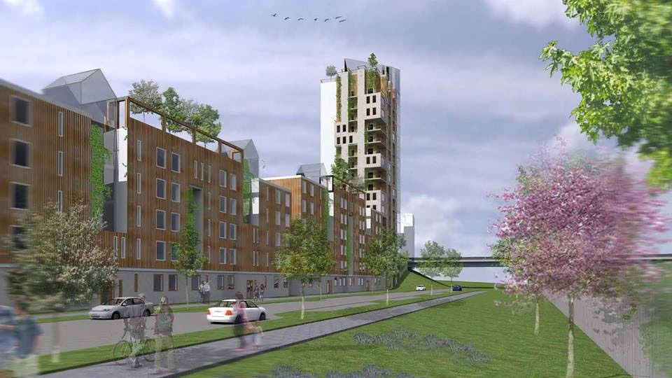 Önskan om hur företaget Magnolia bostad vill bygga på tomten på nuvarande fotbollsplanen i Ängby mellan järnvägen och Gredelbyleden.