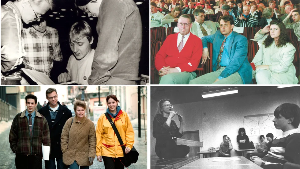 Bild 1: Mats Taaveniku, Sven Nilsson, Hans Palmgren och Kjell Rautio var ombud på SSU-kongressen 1981. Bild 2: K-G Holmqvist, Anders Sundström, Eva Nordmark och Niklas Nordström har samtliga varit ordföranden i SSU Norrbotten. Bild 3: Khashayar Farmanbar (längst till vänster) var ordförande i SSU-distriktet 1995-2000. Bild 4: SSU:s dåvarande förbundsordförande Anna Lindh och artikelförfattaren Olov Abrahamsson syns tillsammans under ett besök på gamla Midskogsskolan i Luleå 1985.