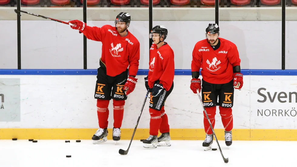 Hampus Falk instruerar Martin Pärna på den första träningen. Till höger Marcus Eriksson som förmodligen kan göra comeback efter skada.