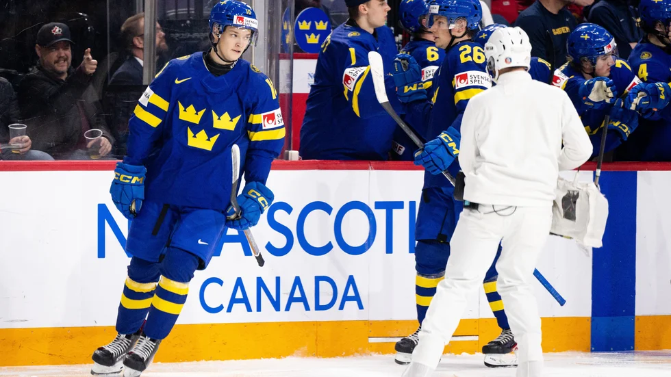 Nyköpingskillen Fabian Wagner efter sitt 9-0-mål mot Österrike.