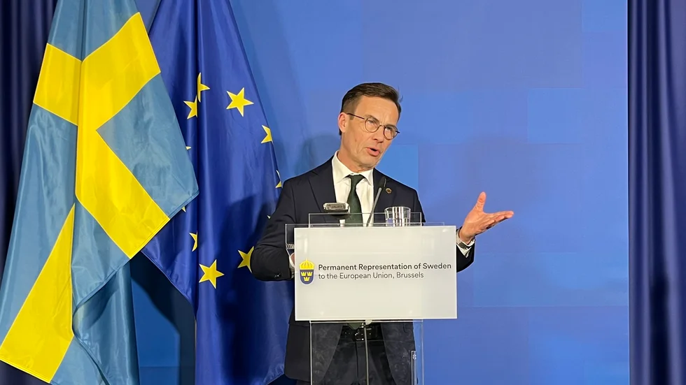 Statsminister Ulf Kristersson (M) vid en svensk pressträff efter EU-toppmötet i Bryssel.